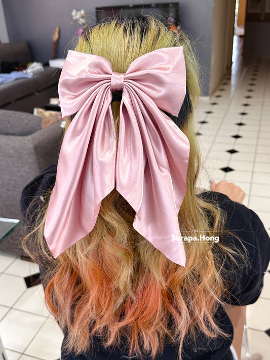 Elevate Your Hairstyle with our Handmade Bow Hair Clip - Long Tails XL Rose Gold Satin Bow Clip